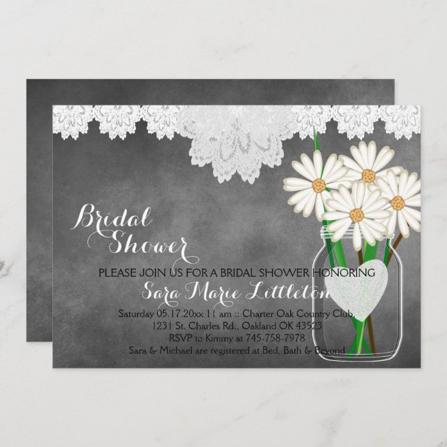 Invitación Chalkboard Mason Jar - Daisies blancos en la ducha (Anverso / Reverso)
