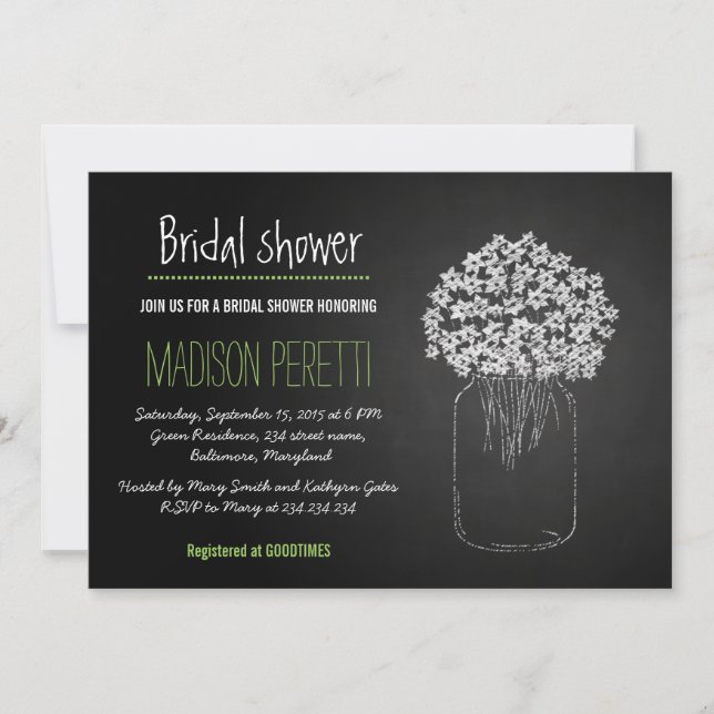 Invitación Chalkboard Mason Jar Flowers Bridal Shower (Anverso)