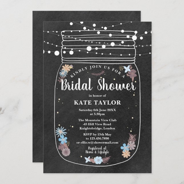 Invitación Chalkboard Mason Jar String Luces Brillantes Ducha (Anverso / Reverso)