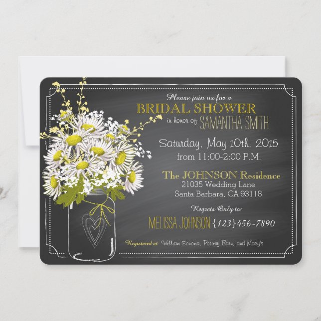 Invitación Chalkboard, Mason Jar y Daisies Bridal Shower (Anverso)