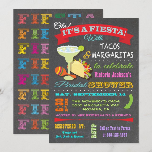 Invitación Chalkboard Mexicana Fiesta Bridal Shower (Anverso / Reverso)