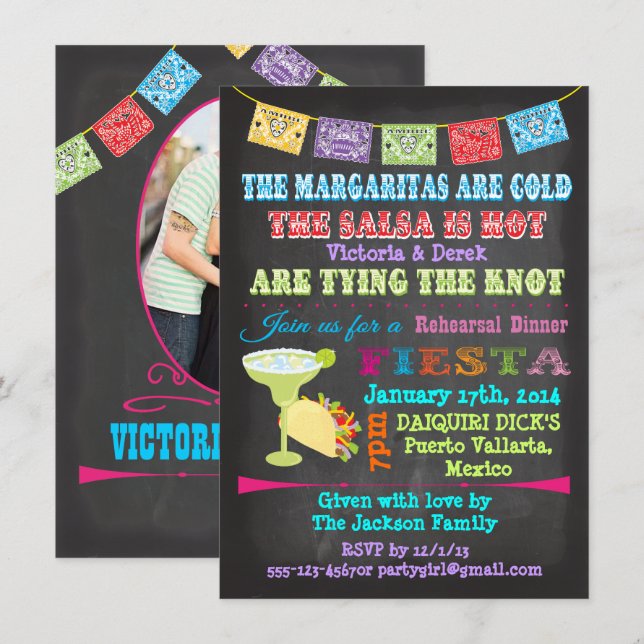 Invitación Chalkboard Mexicana Fiesta con foto de vuelta (Anverso / Reverso)