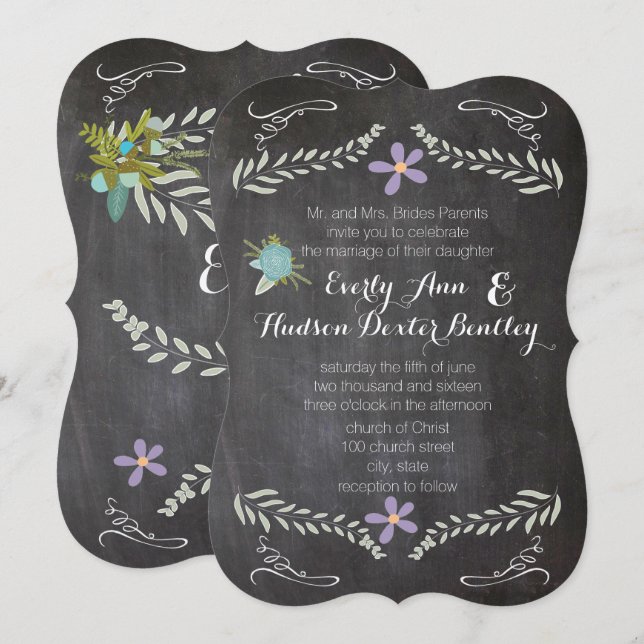 Invitación Chalkboard Mint Lilac Aqua Floral Garland Boda (Anverso / Reverso)