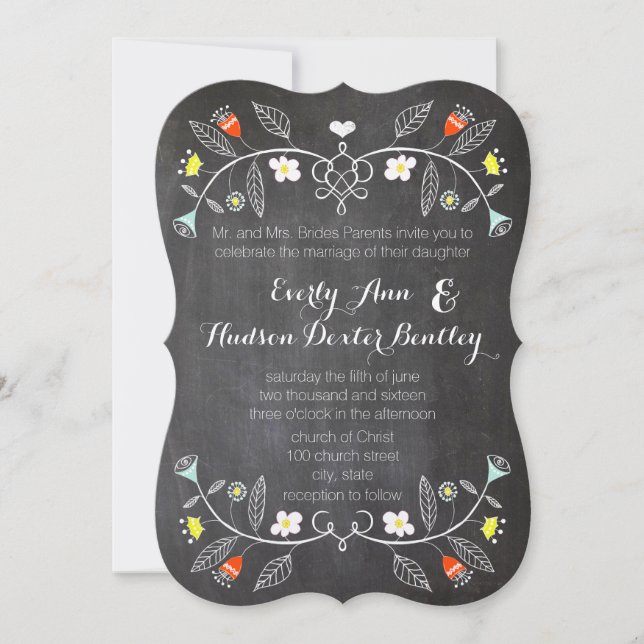 Invitación Chalkboard Mint Naranja Floral Garland Boda (Anverso)