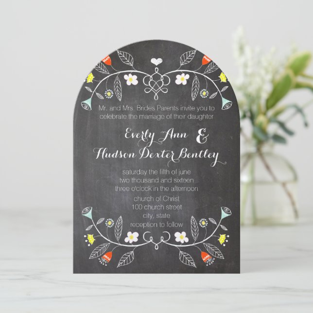 Invitación Chalkboard Mint Naranja Floral Garland Boda (Anverso de pie)