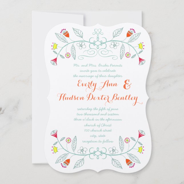 Invitación Chalkboard Mint Naranja Red Floral Garland Boda (Anverso)