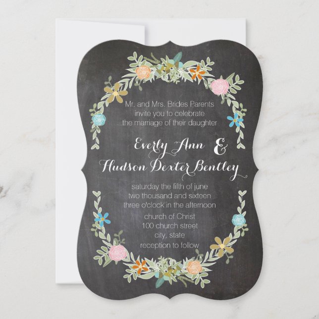 Invitación Chalkboard Mint Pink Aqua Floral Garland Boda (Anverso)