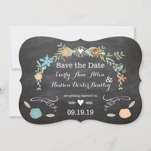 Invitación Chalkboard Mint Pink Aqua Floral Garland Boda (Anverso)