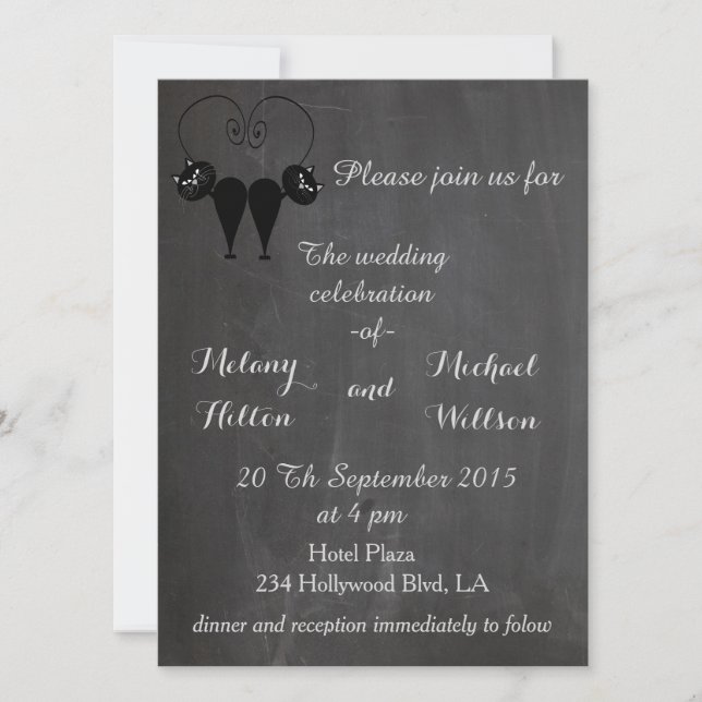 Invitación Chalkboard moda boda de pareja de gatos graciosos (Anverso)