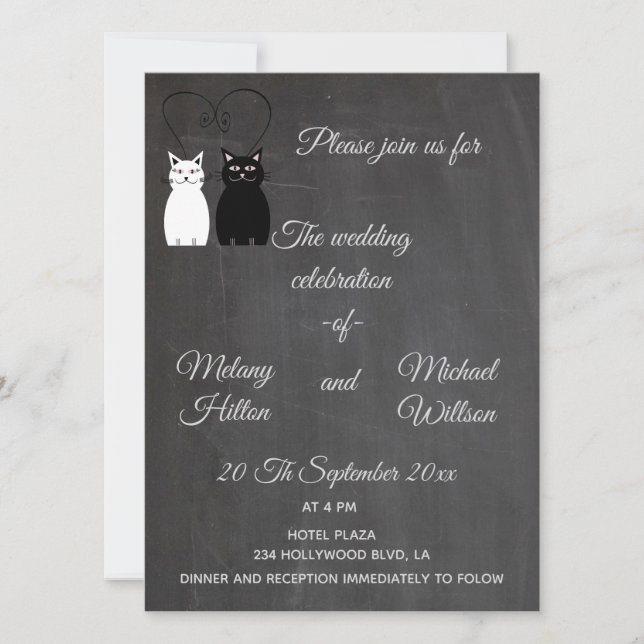 Invitación Chalkboard moda boda de una linda pareja de gatos (Anverso)