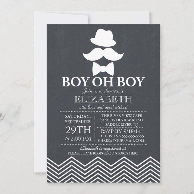 Invitación Chalkboard moderno Pequeño hombre bigote Baby Show (Anverso)