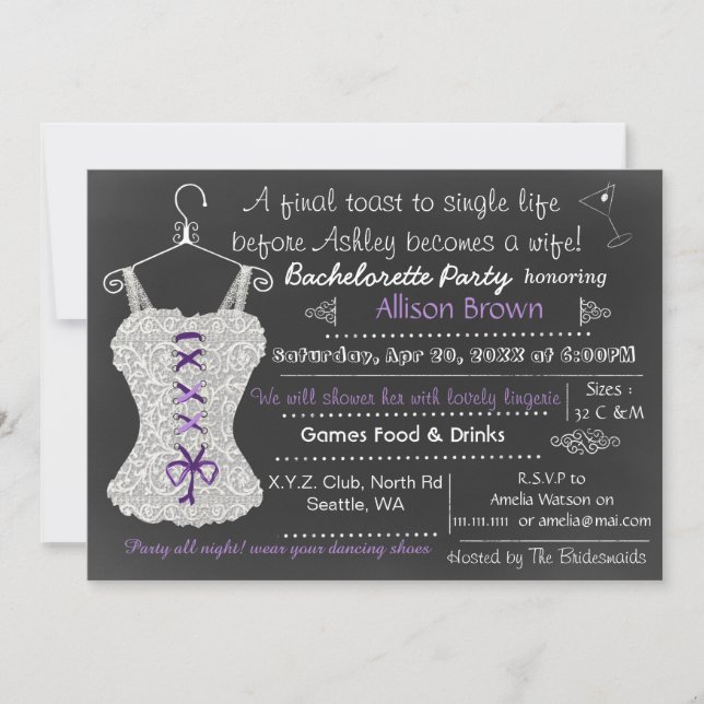 Invitación Chalkboard morado Lingerie Shower Bachelorette (Anverso)