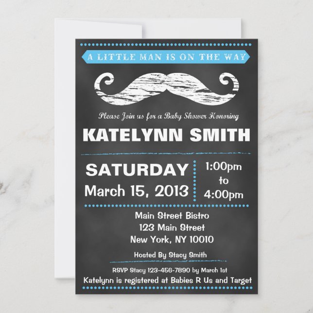 Invitación Chalkboard Mustache Baby Shower Invite (Anverso)