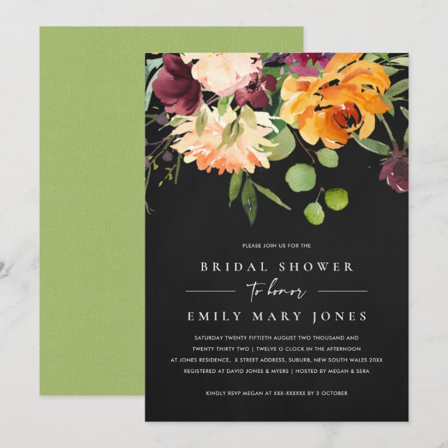 INVITACIÓN CHALKBOARD NEGRO NARANJA AMARILLO FLORA BRIDAL SHO (Anverso / Reverso)