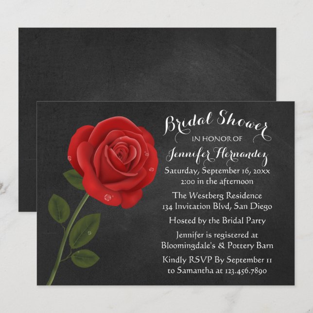 Invitación Chalkboard negro rojo - Ducha de novia floral (Anverso / Reverso)