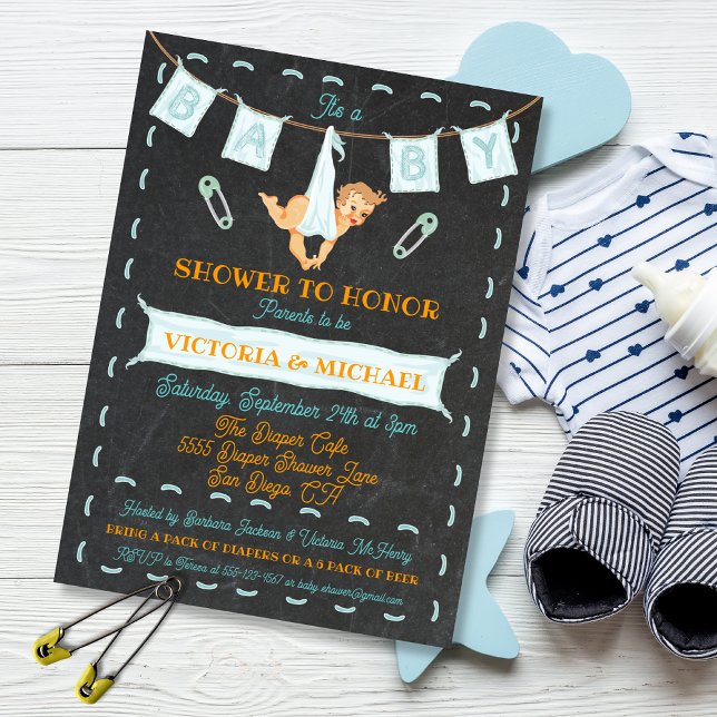 Invitación Chalkboard Parejas Diaper Baby Shower Clothesline (Subido por el creador)