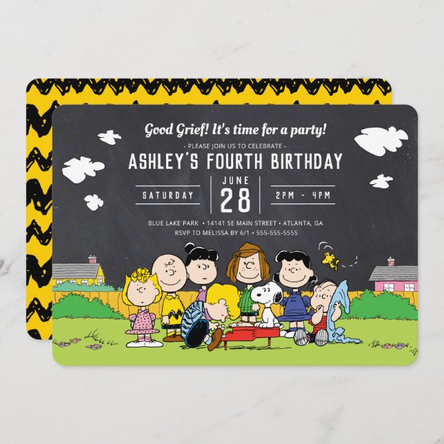 Invitación Chalkboard Peanuts Charlie Brown y cumpleaños de p (Anverso / Reverso)