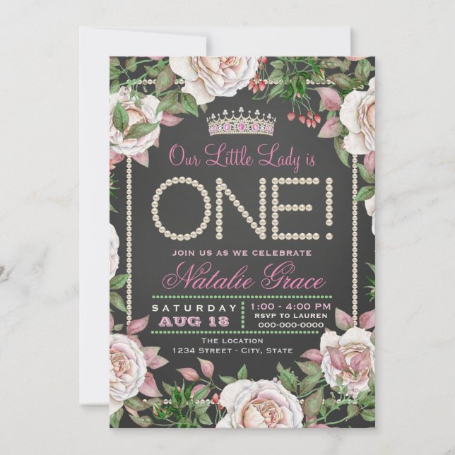 Invitación Chalkboard Pearls Little Lady 1er cumpleaños (Anverso)