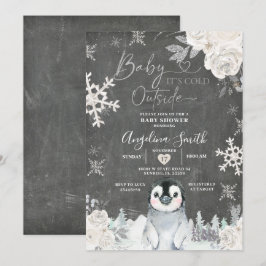 Invitación Chalkboard Penguin Snowflake Floral Baby Shower