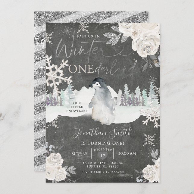Invitación Chalkboard Penguin Winter Onederland 1er cumpleaño (Anverso / Reverso)