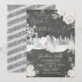 Invitación Chalkboard Penguin Winter Onederland 1er cumpleaño