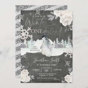 Invitación Chalkboard Penguin Winter Onederland 1er cumpleaño
