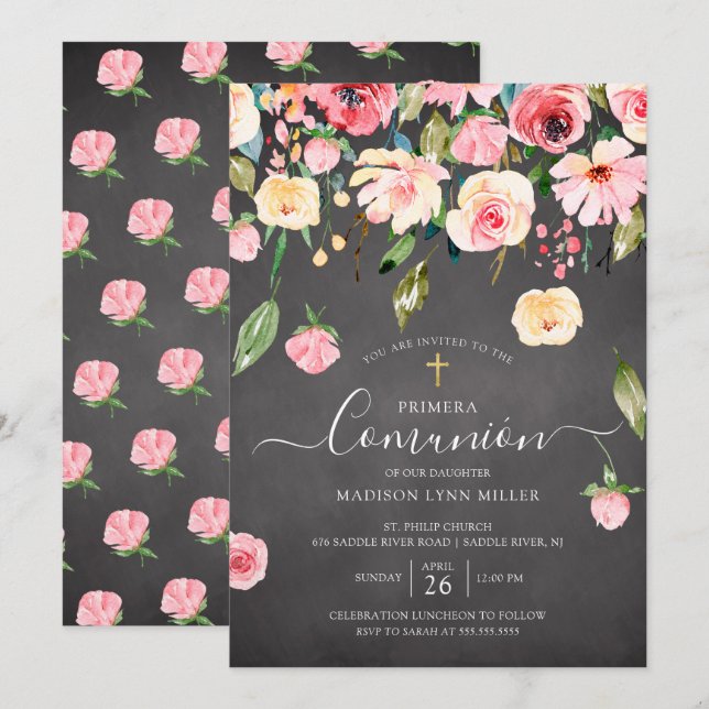 Invitación Chalkboard Peonies Floral Primera Comunidad Españo (Anverso / Reverso)