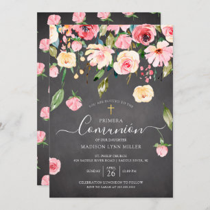 Invitación Chalkboard Peonies Floral Primera Comunidad Españo