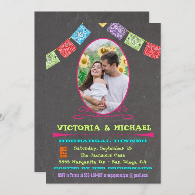 Invitación Chalkboard Photo Mexican Fiesta Rehearner Dinner (Anverso / Reverso)
