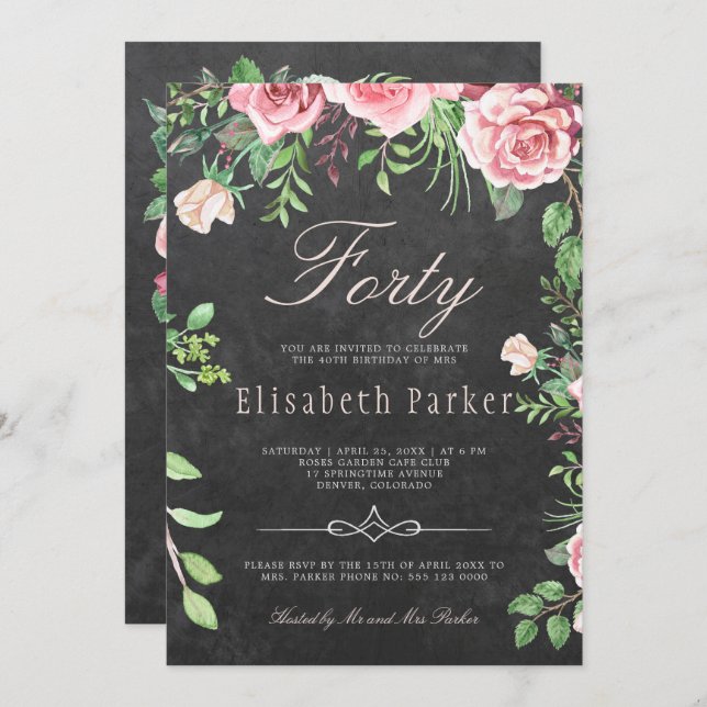 Invitación Chalkboard Pink Floral Garden 40 cumpleaños Fiesta (Anverso / Reverso)