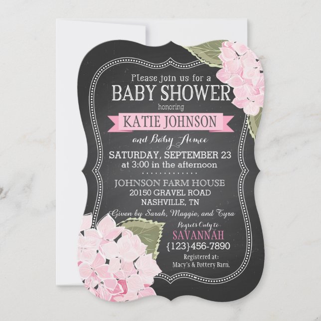 Invitación Chalkboard Pink Hydrangeas Baby Shower (Anverso)
