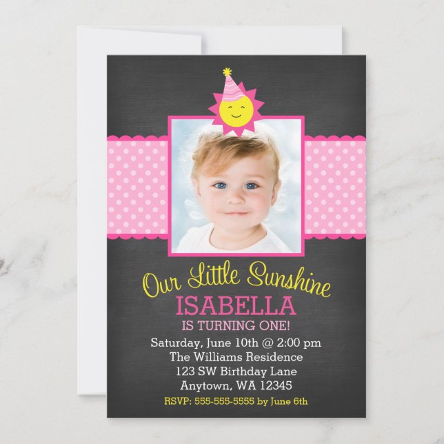 Invitación Chalkboard Pink Sunshine 1er cumpleaños Foto (Anverso)