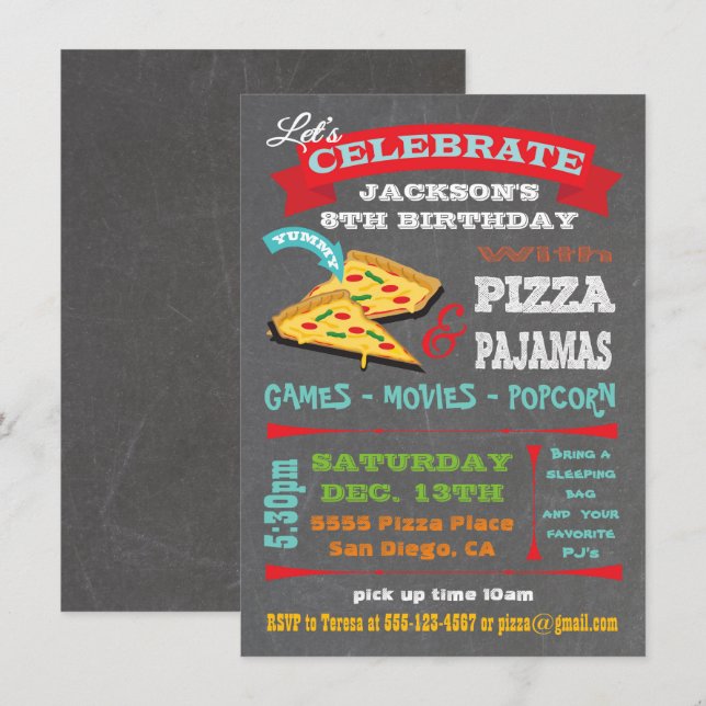 Invitación Chalkboard Pizza & Pajamas Birthday Party (Anverso / Reverso)
