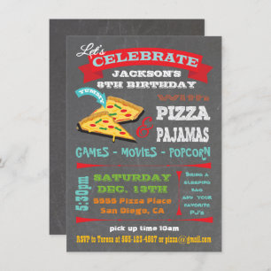 Invitación Chalkboard Pizza & Pajamas Birthday Party