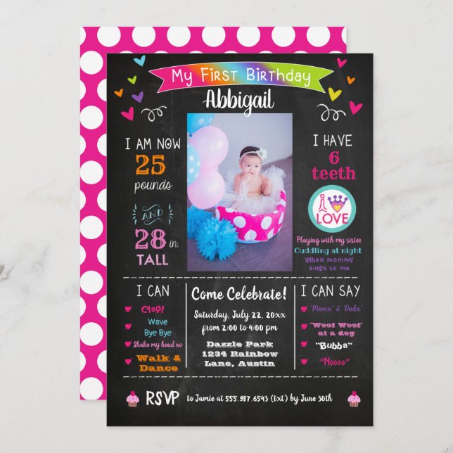 Invitación Chalkboard Primer cumpleaños Milestones Arcoiris (Anverso / Reverso)