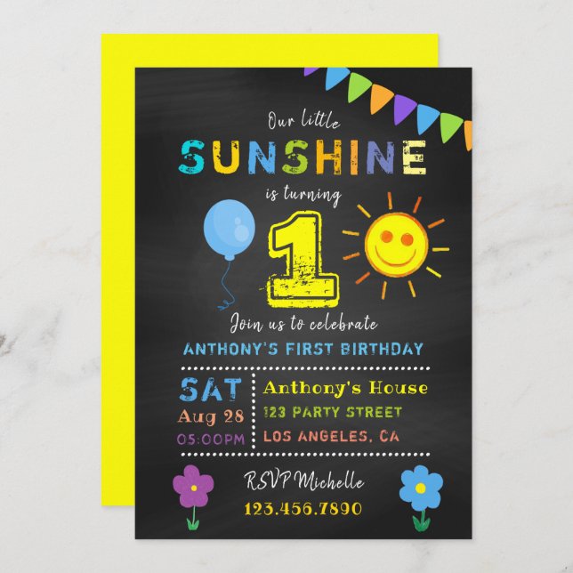 Invitación Chalkboard Primer cumpleaños pequeño Fiesta de Sun (Anverso / Reverso)