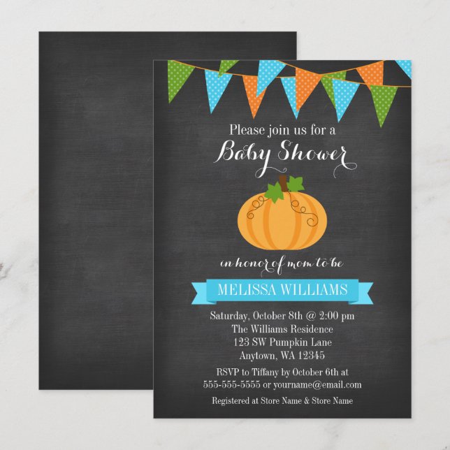Invitación Chalkboard Pumpkin Bungalboy Fall Baby Shower (Anverso / Reverso)