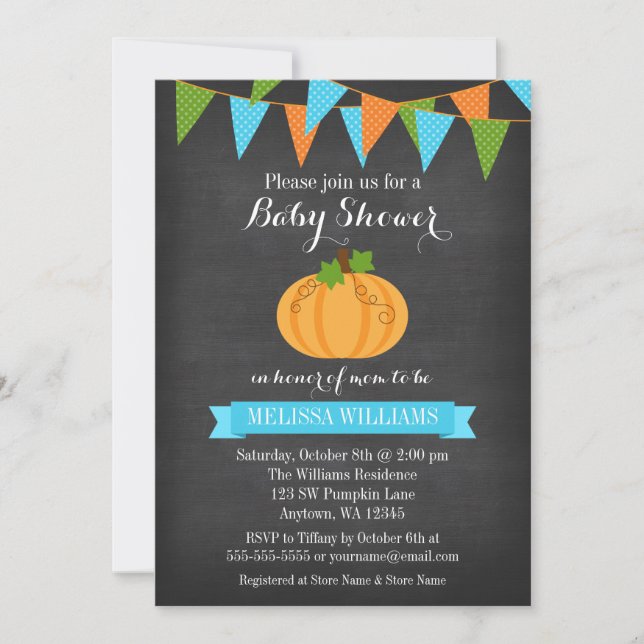 Invitación Chalkboard Pumpkin Buninche Fall Baby Shower (Anverso)