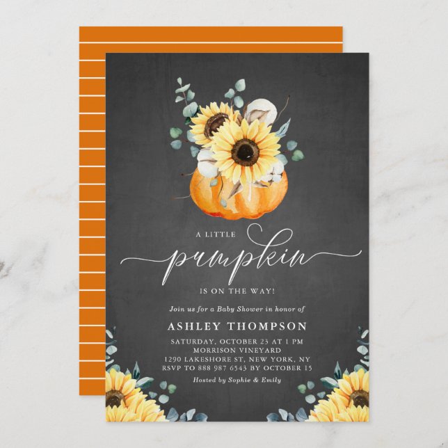 Invitación Chalkboard Pumpkin y Sunflower Fall Baby Shower (Anverso / Reverso)