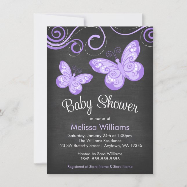 Invitación Chalkboard Purple Butterfly Swirls Baby Shower (Anverso)
