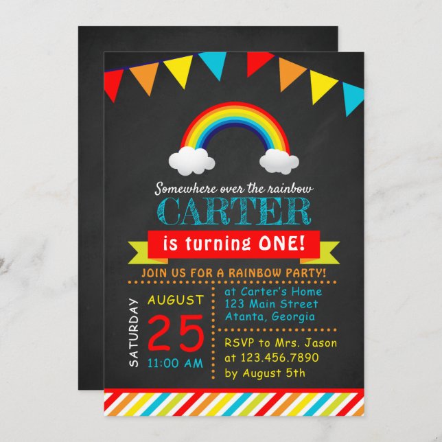 Invitación Chalkboard Rainbow Birday Party (Anverso / Reverso)
