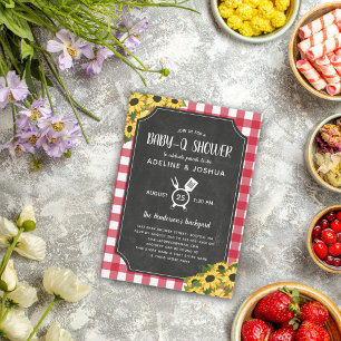 Invitación Chalkboard Red Gingham Sunflower Baby-Q Shower