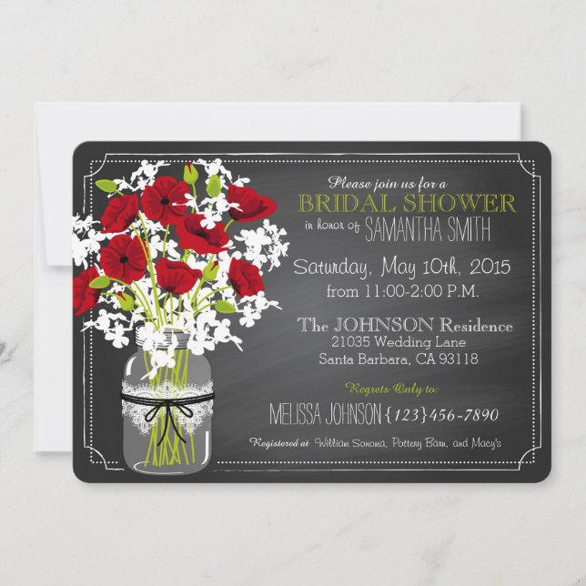 Invitación Chalkboard Red Poppies Jar Bridal Shower (Anverso)