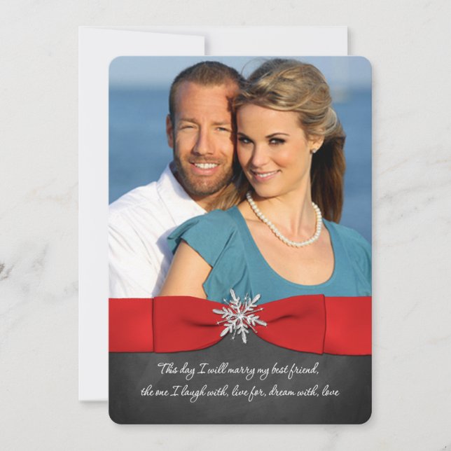Invitación Chalkboard, Red, Silver Snowflakes Wedding Invite (Anverso)