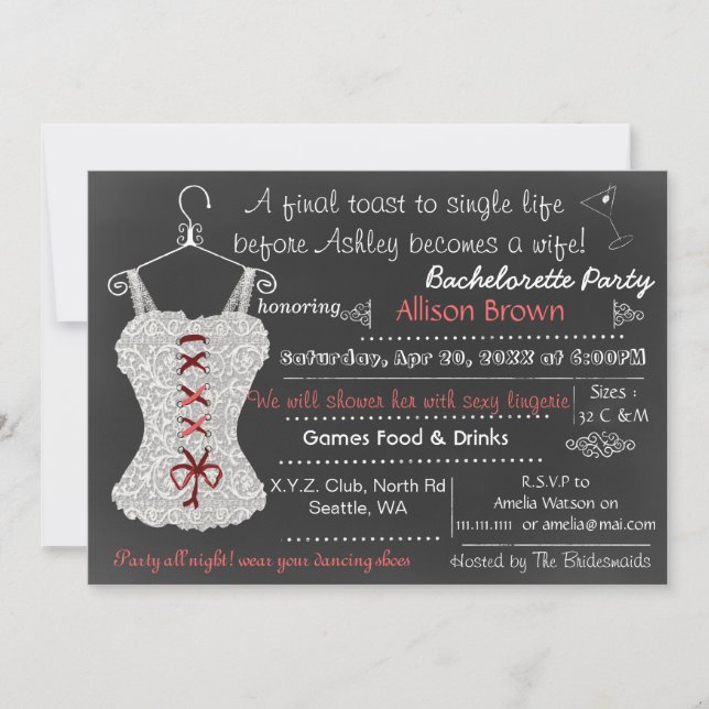 Invitación Chalkboard rojo Lace Lingerie Shower Bachelorette (Anverso)