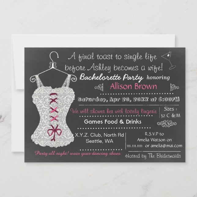 Invitación Chalkboard rosa Lace Lingerie Shower Bachelorette (Anverso)