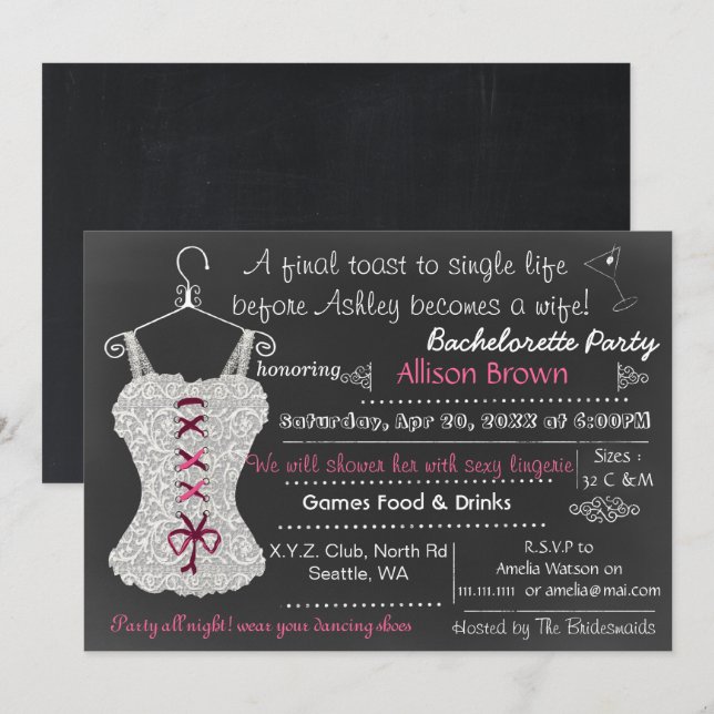 Invitación Chalkboard rosa Lace Lingerie Shower Bachelorette (Anverso / Reverso)