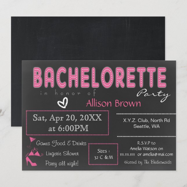 Invitación Chalkboard rosa Lingerie Shower Bachelorette (Anverso / Reverso)