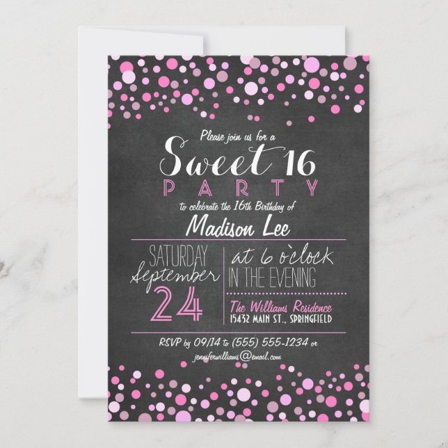 Invitación Chalkboard rosa y blanco retro dulce 16 Fiesta (Anverso)