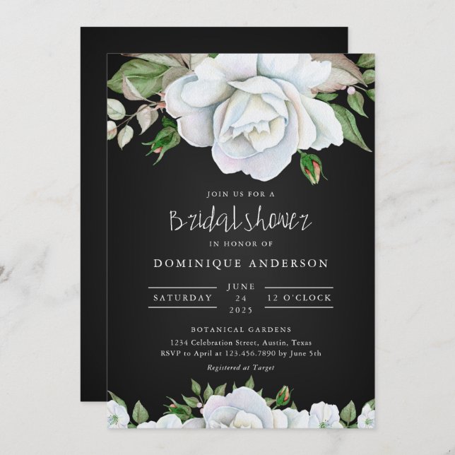 Invitación Chalkboard Rosas blancas ducha de novia (Anverso / Reverso)